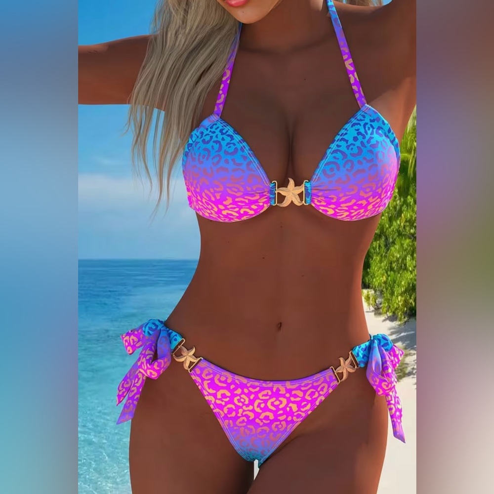 Blue Pink Leopard Halter Starfish Decor Side Tie Bikini Set